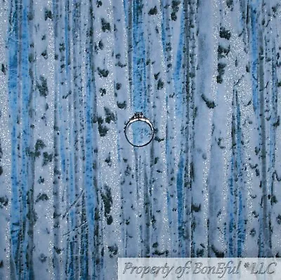 BonEFul Fabric Cotton Quilt Blue White Snow Scenic Birch Tree Glitter SALE SCRAP • $0.99