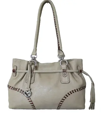 BRIGHTON Vintage Tote Bag Beige Leather Tassel Handbag Brown Leather Stitching • $35