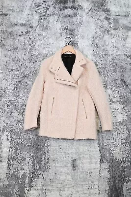 $35.99 • Buy Zara Pink Fuzzy Boiled Wool Blend Moto Zip Mid Length Coat Jacket Size XS