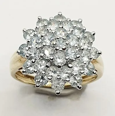 Big 9ct Yellow Gold Sky Blue Topaz Flower Cluster Ring Size O QVC • £180