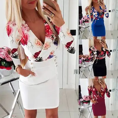 $13.39 • Buy Womens Floral V Neck Bodycon Mini Dress Ladies Evening Party Long Sleeve Dresses