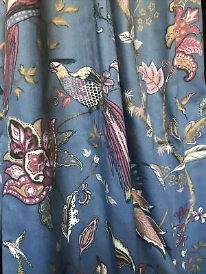 Pair Curtains W65 XD90  LONG Exotic Birds & Tree Blossom Lined Stone Blue Grey • £59.95