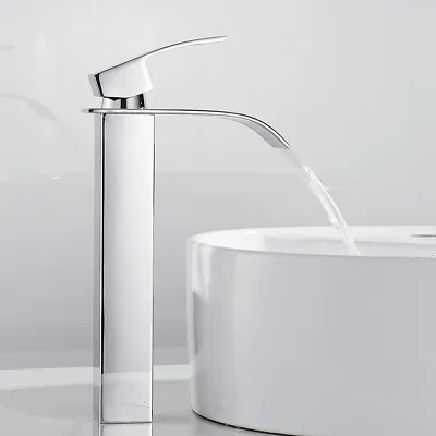 £9.90 • Buy Tall Bathroom Taps Waterfall Basin Mixer Tap Counter Top Brass Faucet Chrome A1