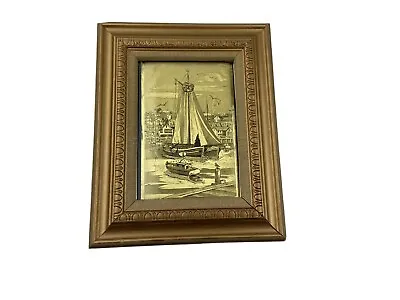 Vintage Gold Foil Etched Sailboat Ocean Art Picture Framed Bird Port • $45