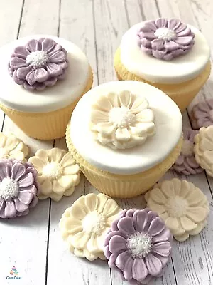 24 Lilac & Cream Edible Daisy Flowers Fondant   Cake Topper Wedding Birthday • £9.99