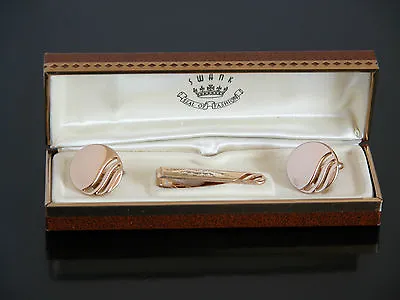 Vtg Modern Swank 70s Gold Tone Circle Cuff Links + Tie Clip In Box • $13.48