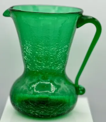 Vintage Mid-Century Hand Blown Green Crackle Glass 5.5” Pitcher/Vase • $29.99