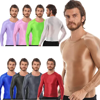 $11.72 • Buy Mens Shiny Glossy Basic Compression Shirts Long Sleeve Swim Workout Gym Tee Tops