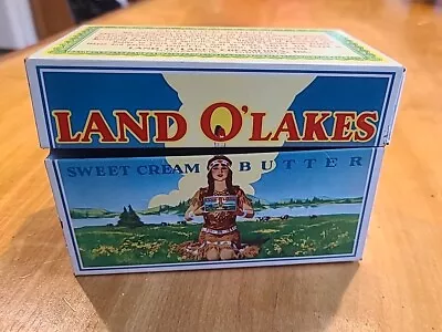 Vtg LAND O'LAKES BUTTER ADVERTISING STORAGE TIN BOX RECIPE *RETIRED NATIVE LOGO • $11