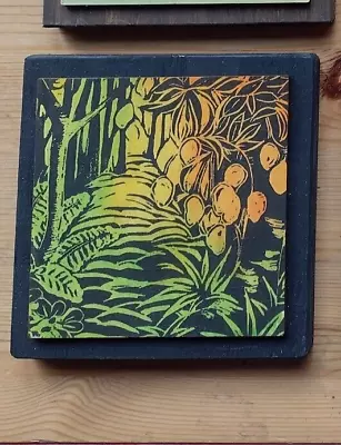 Hand Printed Linocut Print Picture Wooden Tile Wall Art Decor Garden Path Floral • £7.50