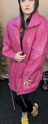 Vintage Leather Coat Mid Length Generous M Mid Weight Pink 80s Shoulder Pads • £25.33