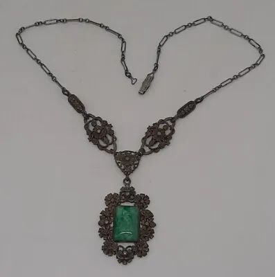 Vintage Art Deco Nouveau Peking Glass Drop Necklace W/ Marcasite Accents 16  • $40