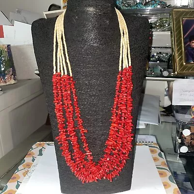 Mediterranean Red Coral 5 Strand Wrapped 30 Inch Native American Necklace • $250