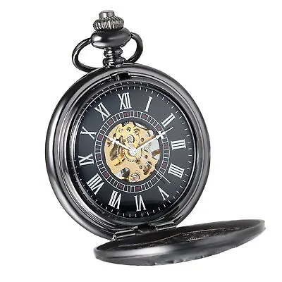 Mens Black Roman Hollow Skeleton Mechanical Steampunk Pocket Watch Hand Winding • $20.99