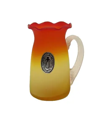 Pilgrim Blown Glass Red-Orange Yellow Applied Handle 4  Syrup Pitcher Vase -READ • $13