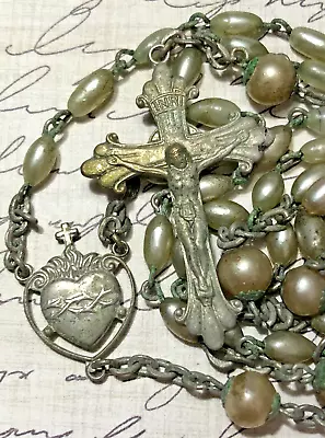 Truly Vintage Rosary Flaming Sacred Heart Of Jesus Faux-Pearl 22  22 Grams • $25