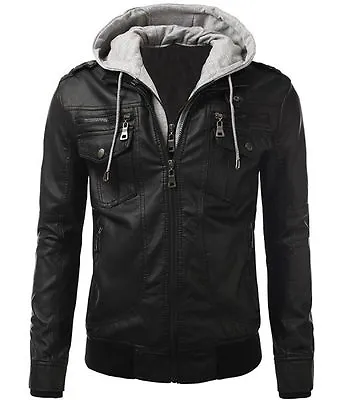 Men Genuine Leather Motorcycle Jacket Bomber Biker Hoodie Jacket - Detach Hood • $69.99