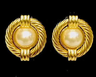 Vintage Erwin Pearl Goldtone And Cabochon Pearls Clip-On Earrings • $34.99