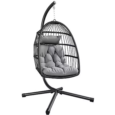 Rattan Hanging Swing Egg Chair With Stand&Grey Cushion For Indoor Outdoor Garden • £169.19