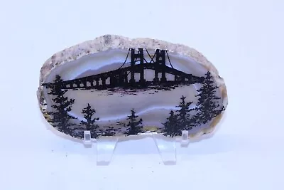 Polished Stone Slice Mackinac Bridge In Michigan Souvenir Transferware Onto • $23.04