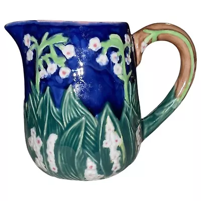 Andrea By Sadek J. Willfred Cream Pitcher Floral Majolica Blue Pink Hand Painted • $22