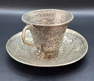 Vintage Central Asian Solid Silver Cup With Tray Set In Good Condition • $500