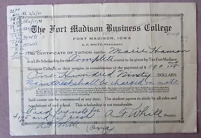 1930 Fort Madison Business College Iowa Certificate Scholarship Receipt Tuition  • $20