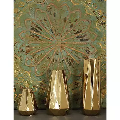 14  11  7 H Geometric Gold Ceramic Vase Set Of 3 • $26.94