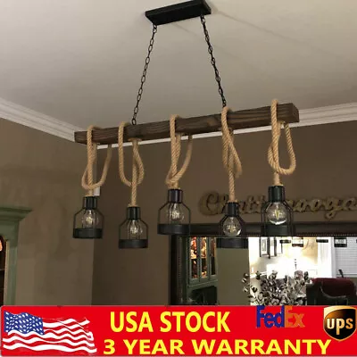 $77 • Buy Retro Rustic Rope Pendant Light Wood Chandelier Hanging Ceiling Lamp Fixture USA