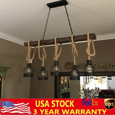 Retro Rustic Rope Pendant Light Wood Chandelier Hanging Ceiling Lamp Fixture USA • $71.25