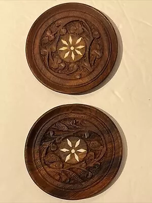 $8 • Buy Set Of 2 Vintage Hand Carved Wooden Coasters With Shell Inlay - Made In India