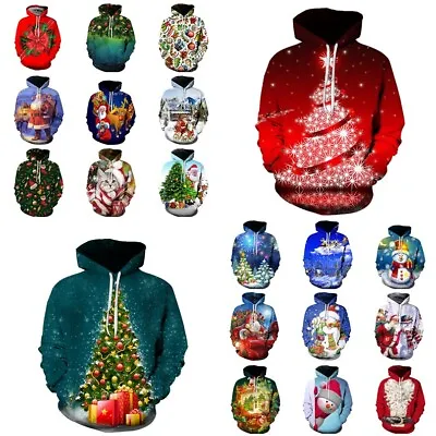 Santa Claus Snowman Merry Christmas Hoodies Sweatshirt Xmas Tree Pullover Jumper • £11.99