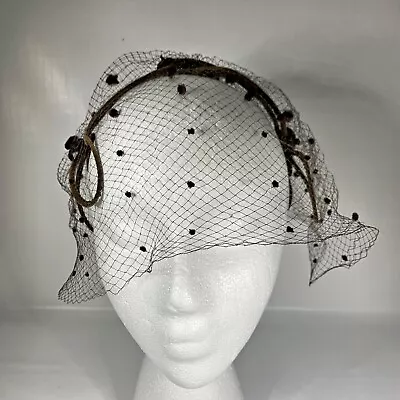 Vintage Brown Fascinator Birdcage Hat Veil Netting Dots Millinery Church Bows • $24.99