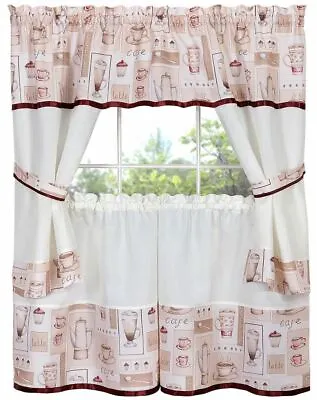 Kitchen Curtains Embellished Cottage Set (58  X 36 ) COFFEE CAPPUCCINO Achim • $21.99