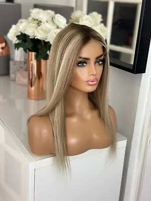 Balayage Ashy Blonde Roots Lace 16” Ombre Highlight 100% Virgin Human Long Wig . • £199.99