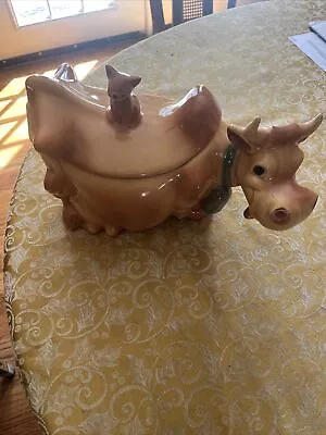 Vintage MCM Brush Mccoy Cookie Jar Cow With Winking Cat On Back USA W10 • $69