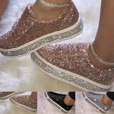 Women's Sequin Flat Sneakers Sparkly Lace-up Running Sneakers Size • $23.55