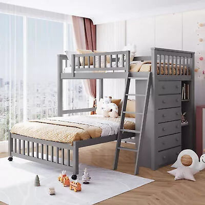 Wooden Twin Over Full Bunk Bed Frame With 6 Drawers / Shelves With Wheels Gray • $867.99