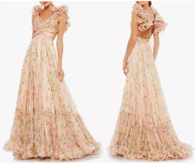 Mac Duggal RUFFLE TIERED FLORAL CUT-OUT CHIFFON GOWN Peach-Pink Floral 16 New • $650