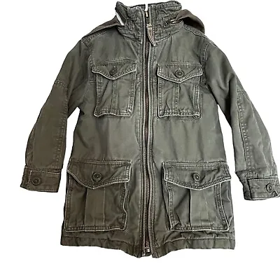 $28 • Buy Gap Kids Hooded Zip/ Button Up Army Jacket Size XS 4/5 Army Green Quilted Lining