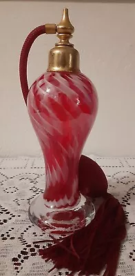 Vintage Art Glass Perfume Atomizer Dark Pink And White Swirls - 7  Tall • $29.75