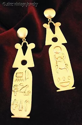 Vintage EGYPTIAN Revival Gold Tone Scarab Hieroglyphs Long Dangle EARRINGS Post • $5.99