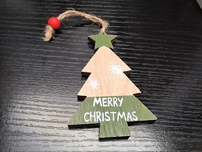 Xmas - 1 X Wooden Tree  On Natural Twine With Star - Approx  6cm X 10cm - Green • £1.65