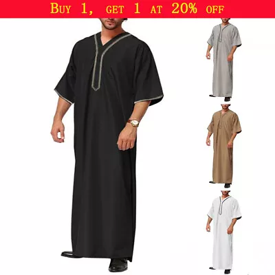 Men's Robe Muslim Clothing Saudi Arab Jubba Kaftan Dishdash Thobe Long Sleeve UK • £15.99