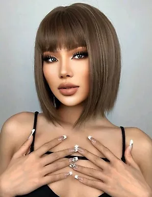 Women Ladies Natural Bob Brown To Brown Highlights Hair Wig Cosplay New Fringe • £17.95