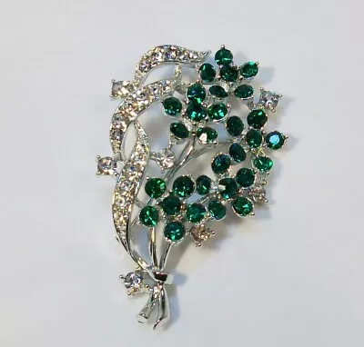 Vintage Signed LISNER Green & Clear Rhinestone FLOWER Bouquet Pin • $20.50
