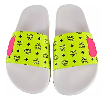 New MCM Women's Neon Yellow Canvas Visetos Logo Slides Sandals Shoes 36 6 • $134.90