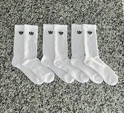 3 Pairs Adidas White Crew Socks Black Logo Size 6-12 Mens Trefoil Genuine New • $15