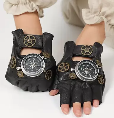 Halloween Steampunk Leather Gloves Compass Gear Decor Black Fingerless • $23.95
