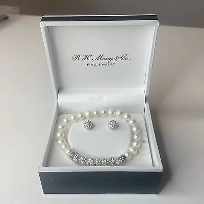 Macy’s Fine Jewelry Sterling Silver Crystal Earrings And Pearl Bracelet • $75